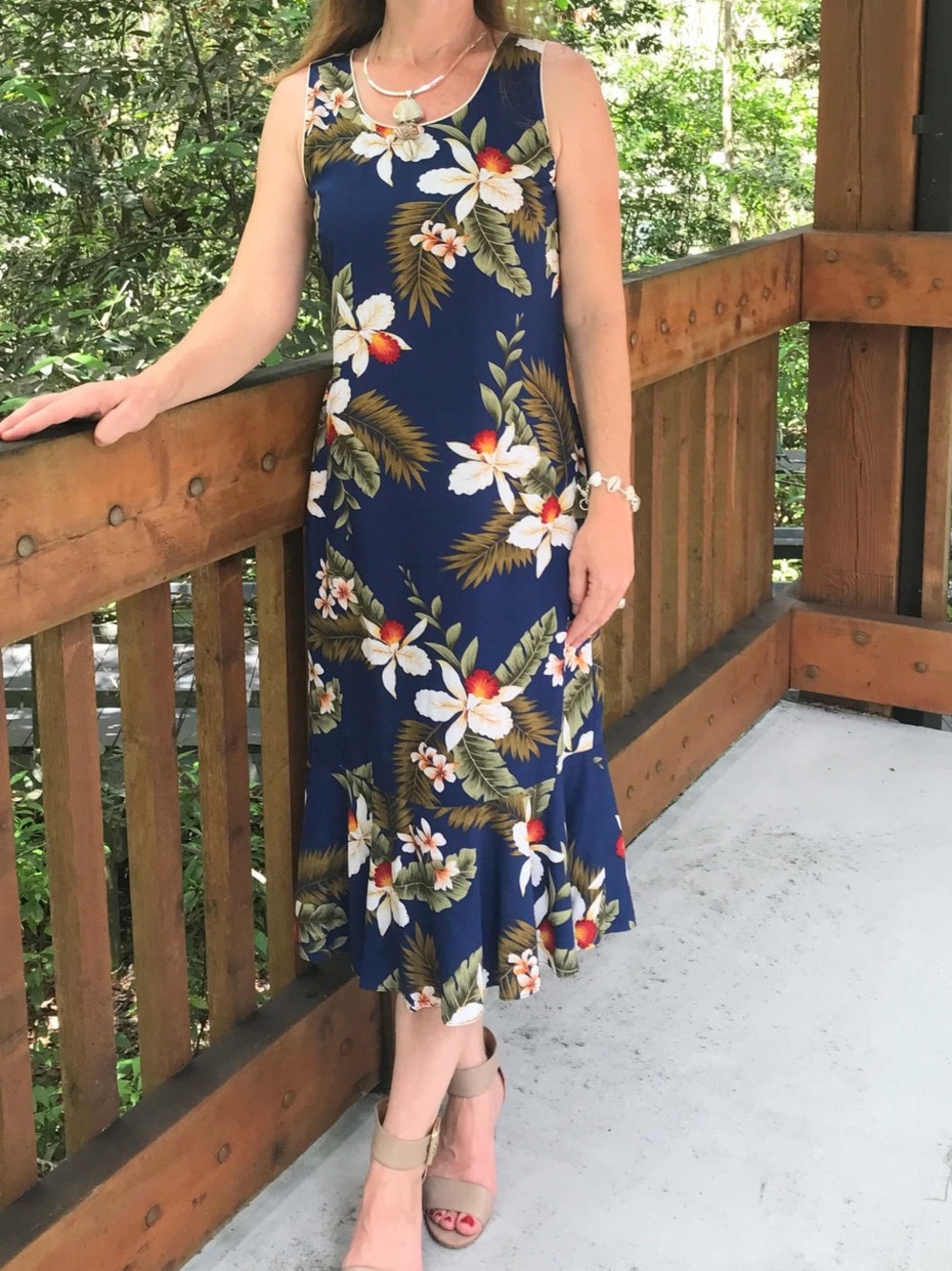 Two Palms Hawaii Ladies Hawaiian Midi Dress Blue Orchid Garden Size XL Tropical